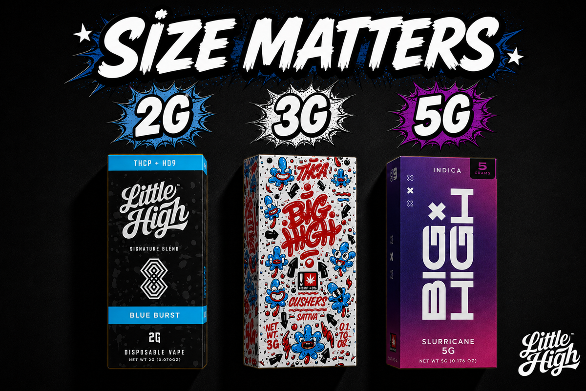 Best THCA disposable vapes comparison — Little High 2G, Big High 3G, and Big High 5G hemp extract vape boxes side by side on dark background