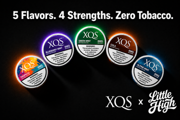 XQS nicotine pouches lineup — Tropical, Blueberry Mint, Green Mint, Fizzy Cola, and Alpine flavors in 2mg to 8mg strengths, tobacco-free pouches available online