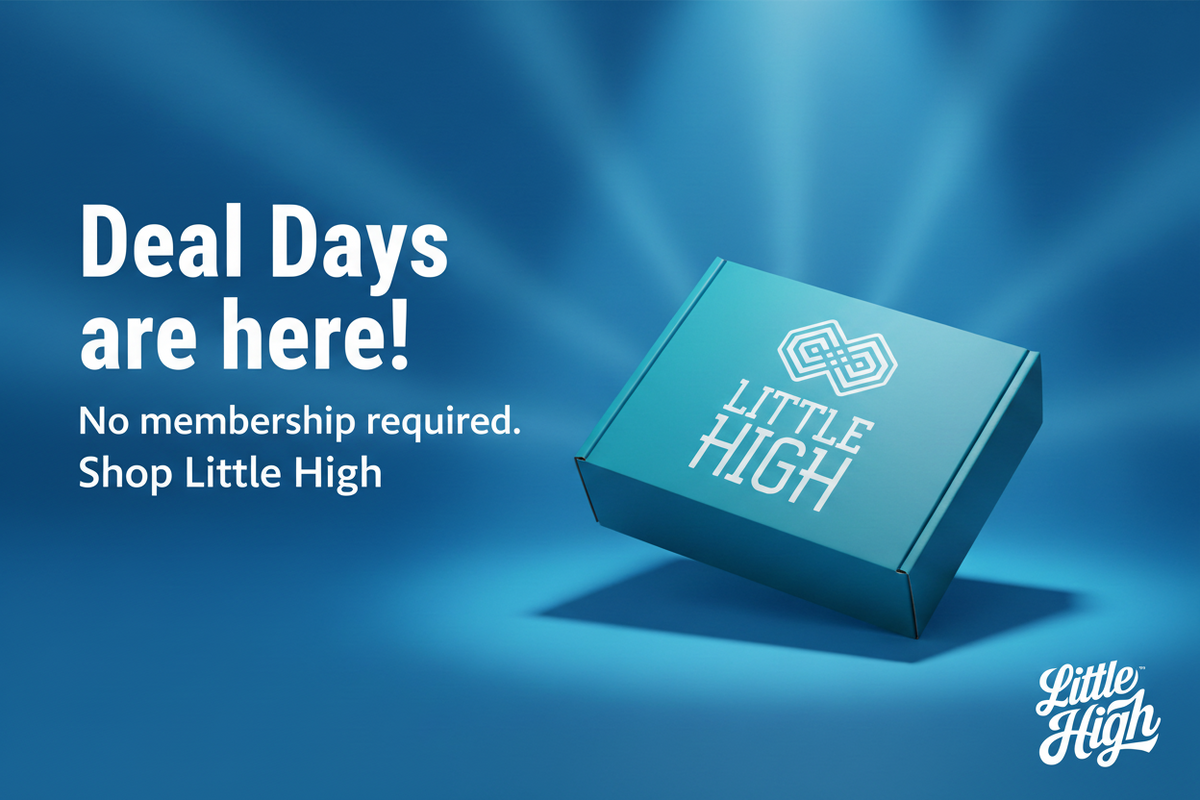 Little High branded teal mystery box with dramatic spotlight lighting — Deal Days are here, no membership required, Shop Little High
