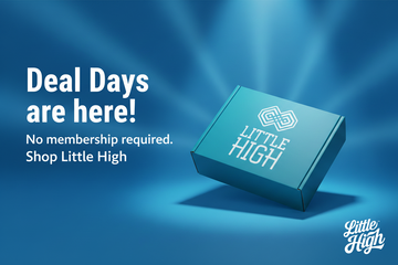 Little High branded teal mystery box with dramatic spotlight lighting — Deal Days are here, no membership required, Shop Little High