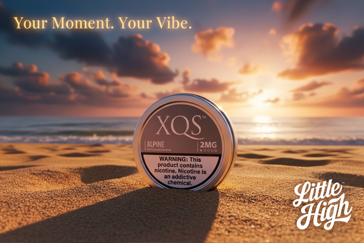 XQS Alpine nicotine pouches shipping to California — tobacco-free pouches on California beach sunset | Buy online at Little High