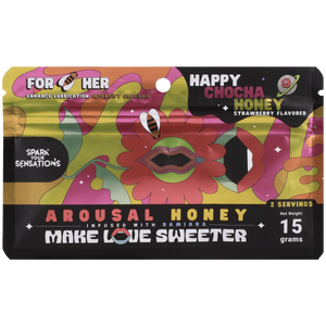 Arousal Honey for Him & Her by Doc Johnson in a clear jar with a golden honey color and detailed label design.