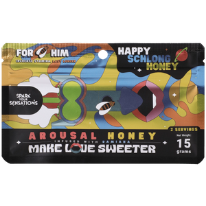 Arousal Honey for Him & Her by Doc Johnson in a small jar with a colorful label, set against a neutral background.