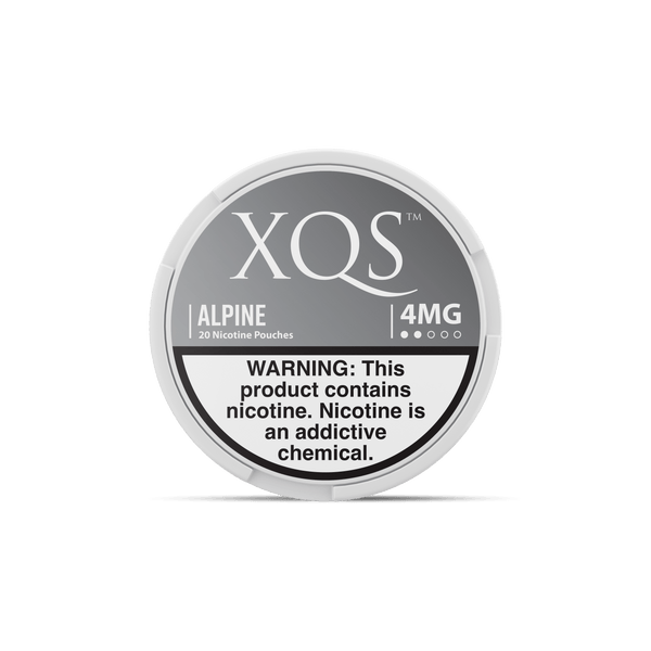 XQS Alpine Nicotine Pouches in a small, white pouch with blue and silver design, displayed on a neutral background.