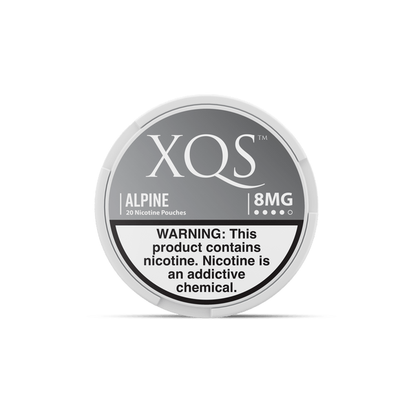 XQS Alpine Nicotine Pouches in a small container, showcasing the discreet packaging of nicotine pouches for on-the-go use.