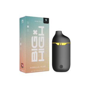 Disposable Big High THCA vape cartridge, Gorilla Glue flavor, 5G capacity, sleek design for easy use and portability.