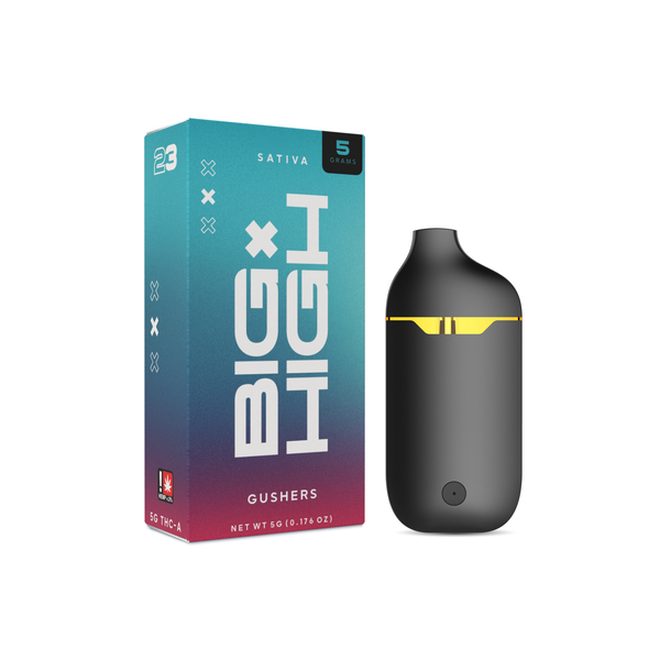 Disposable THCA vape pen by Big High, 5G, featuring sleek design and vapor cloud, ideal for discreet cannabis consumption.