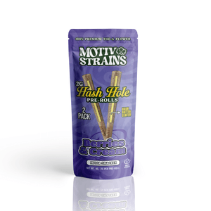 Hemp flower THC-A hash hole pre-roll with berries and cream flavor by Motiv Strains, 4G hemp joint in a vibrant package.