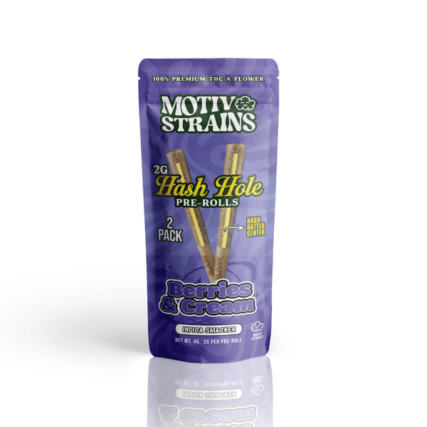 Hemp flower THC-A hash hole pre-roll with berries and cream flavor by Motiv Strains, 4G hemp joint in a vibrant package.