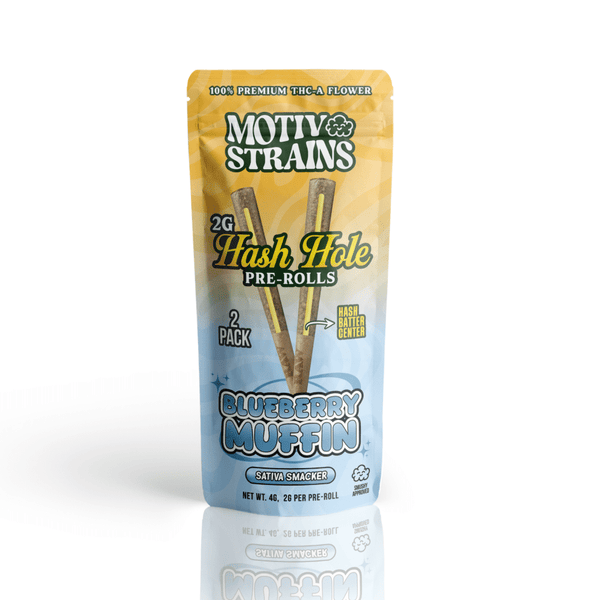 Blueberry muffin THC-A hash hole pre-roll from Motiv Strains, made with hemp flower and containing 4 grams of hemp-based product.