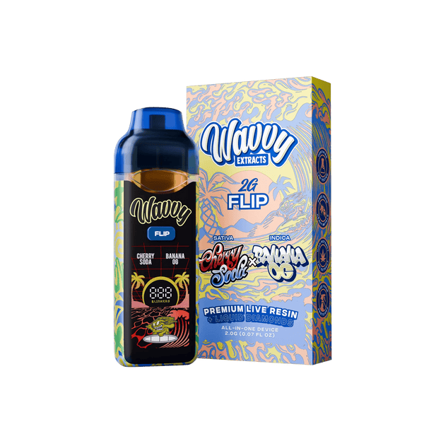 A bottle of Wavy Extracts 2G Flip Cherry Smoke + Banana Oil live resin vape liquid next to its colorful patterned retail box, set against a solid dark green background.