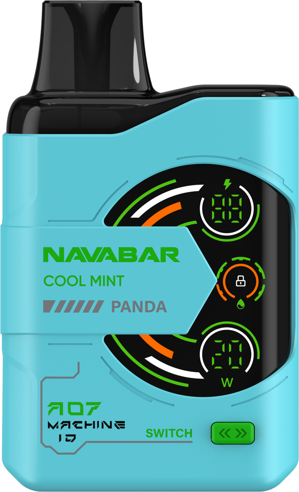 Blue vape device with digital display and branding on a white background