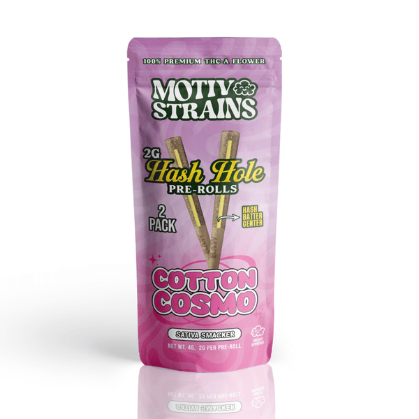 Motiv Strains THC-A Hash Hole Pre-Roll made from hemp flower, 4g, with cotton Cosmo packaging visible in the image.