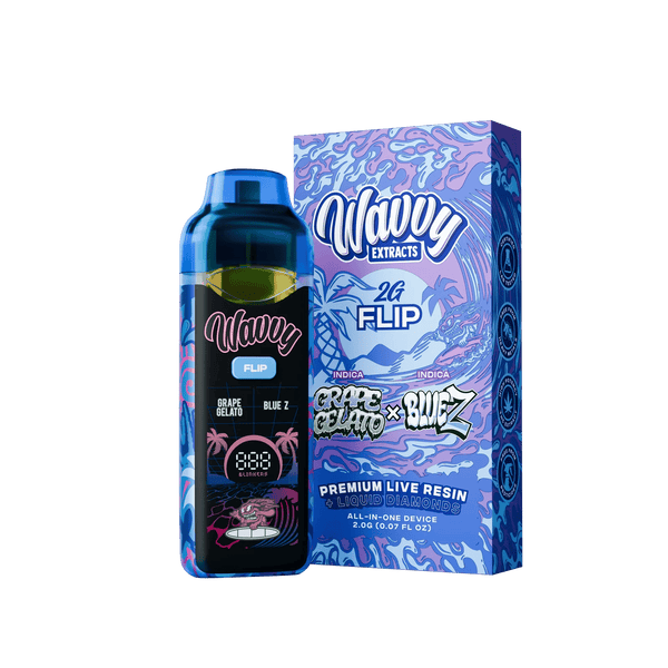 A Wavy Extracts 24 Flip disposable vape device in Grape Gelato x Suez flavor, shown next to its matching blue and purple packaging box on a solid green background.