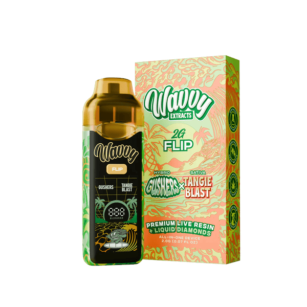 A bottle of Wavy Extracts 2G Flip live resin next to its retail box, featuring a black label with green and gold details and a colorful box with green, orange, and yellow patterns, set against a solid dark green background.