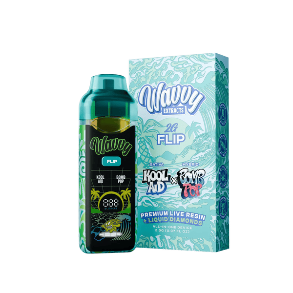 A bottle of Wavy Extracts 26 Flip live resin liquid next to its retail box, featuring a teal and light blue tropical wave design on a solid dark green background.