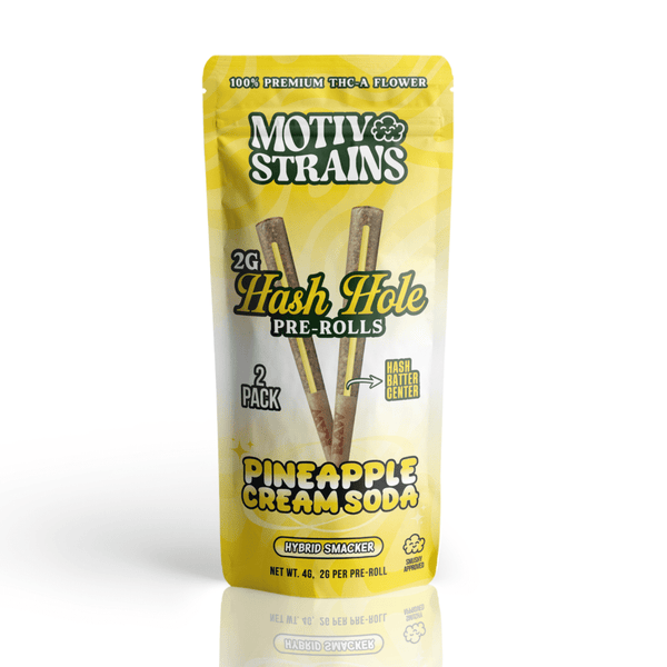 Pineapple Cream Soda THC-A Hash Hole pre-roll by Motiv Strains, 4G hemp flower infused with THC-A concentrate.