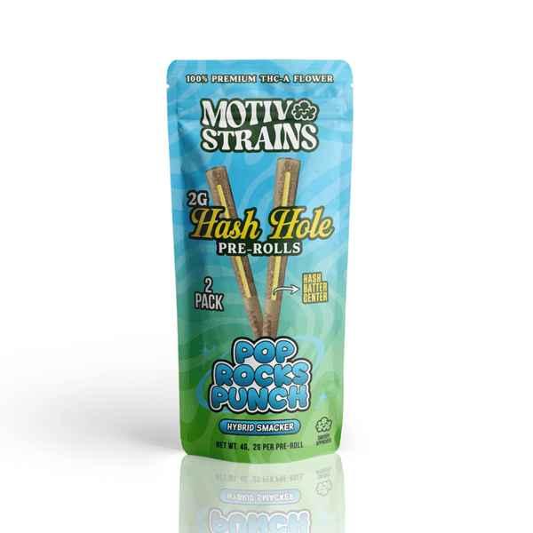 Hemp flower THC-A hash hole pre-roll by Motiv Strains, 4G, with colorful Pop Rocks Punch flavor in a natural outdoor setting.