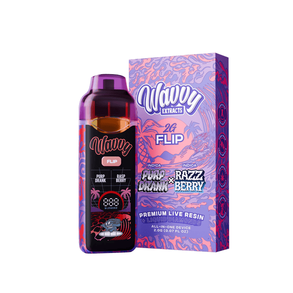 A bottle of Nwavy Pure Dream x Razzz Berry live resin next to its retail box, set against a solid dark green background. The packaging features a vibrant purple and pink psychedelic pattern with white and blue text.