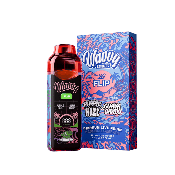 A bottle of Wavy Extracts 2G Flip Purple Haze Guava Candy live resin next to its colorful blue and pink packaging box, set against a solid green background.