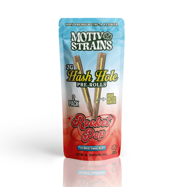 Motiv Strains THC-A Hash Hole Pre-Roll with Rocket Pop hemp flower, 4g, showcasing vibrant cannabis buds and branding.