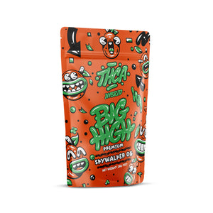 Skywalker hemp flower from Big High, 28g THCA flower ounce, fresh and fragrant cannabis bud with dense green buds and trichomes.
