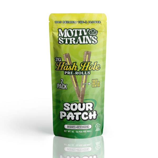 Sour Patch THC-A Hash Hole Pre-Roll by Motiv Strains, 4G hemp flower product with colorful Sour Patch candy visual.