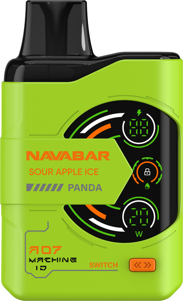 Green vape device with digital display and branding on a white background
