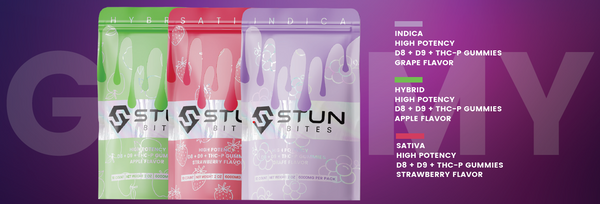 Little High Stun Bites high potency D8, D9, and THCP gummies with colorful fruit-flavored gummy shapes.