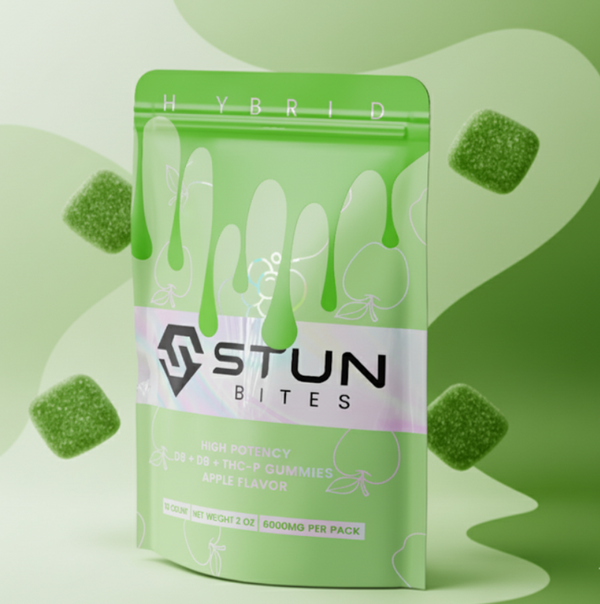 Little High Stun Bites Apple Gummies with high potency D8, D9, and THCP, featuring vibrant apple flavor and gummy texture.