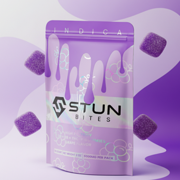 Little High Stun Bites Grape Gummies with high potency D8, D9, and THCP cannabinoids, featuring colorful grape-flavored gummy candies.