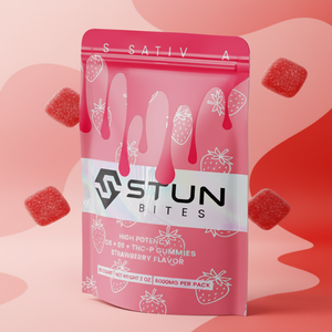 Strawberry flavored Little High Stun Bites gummies with high potency D8, D9, and THCP cannabinoids in a clear container.
