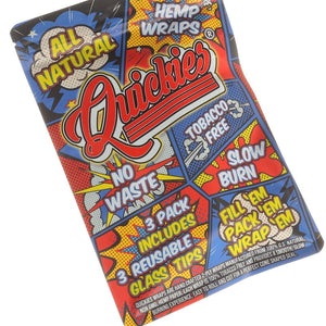 Blankwoods Quickies 3-pack hemp wraps with glass tips, colorful packaging and clear glass tips visible in the image.