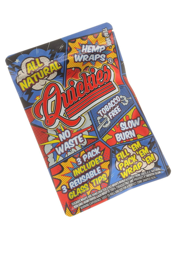 Blankwoods Quickies 3-pack hemp wraps with glass tips, colorful packaging and clear glass tips visible in the image.
