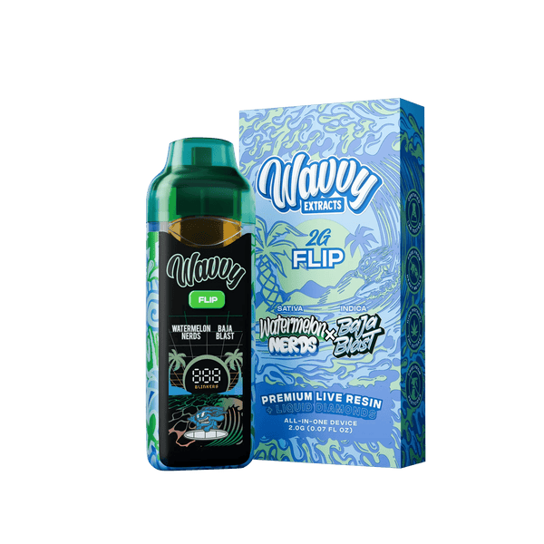 A bottle of Wavy Extracts 2G Flip live resin next to its retail box, featuring a tropical blue and white wave design, set against a solid dark green background.