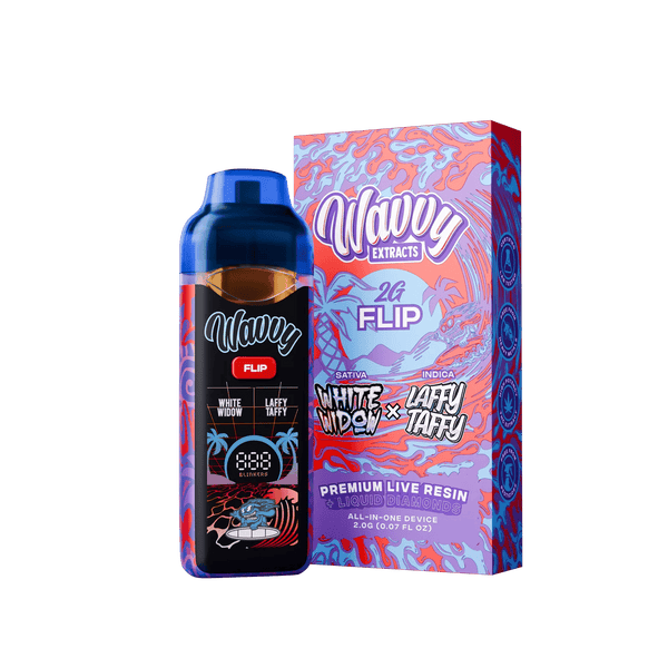 A bottle of Mavyx 26 Flip premium live resin next to its colorful retail box, featuring a white, lavender, and blue abstract pattern, set against a solid dark green background.