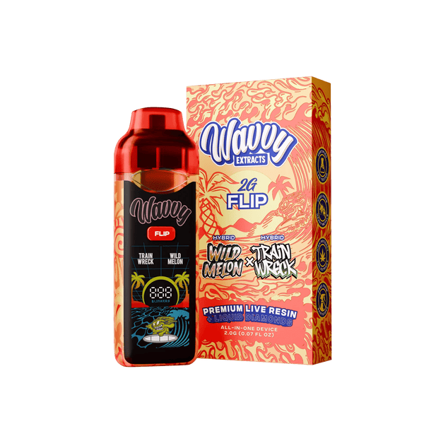 A bottle of Wavy Extracts 2G Flip live resin vape oil next to its retail box, featuring a red translucent cap and a black label with tropical graphics, set against a solid dark green background.