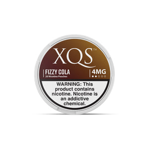 XQS Fizzy Cola nicotine pouches in a silver tin with colorful branding, showing the pouch packaging for discreet use.