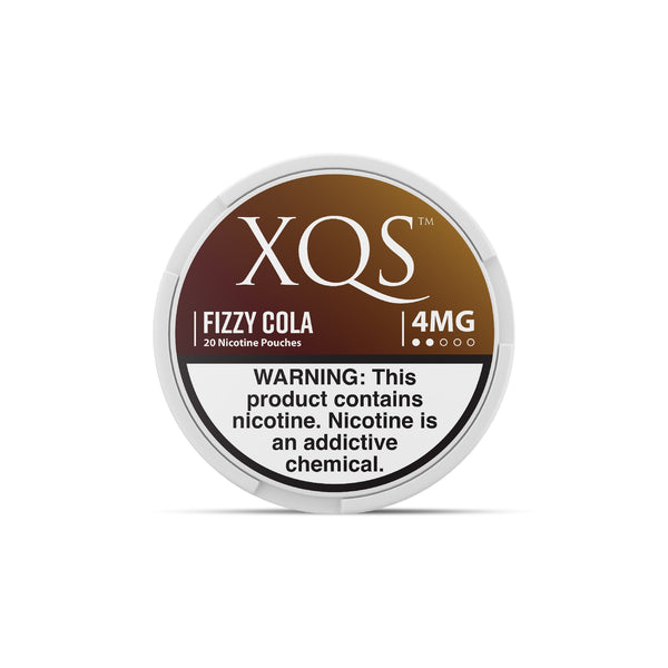 XQS Fizzy Cola nicotine pouches in a silver tin with colorful branding, showing the pouch packaging for discreet use.