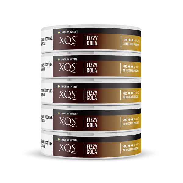 Fizzy Cola nicotine pouches by XQS in a 5-pack, showing small, cylindrical pouch containers with branding and fizzy cola flavor.