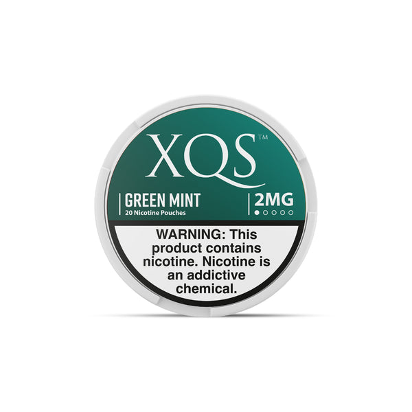 Green Mint nicotine pouches by XQS, showing fresh green mint flavor and discreet pouch packaging.