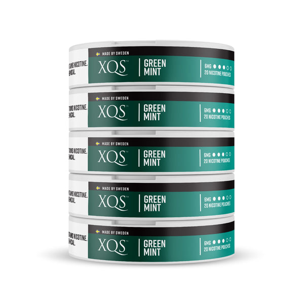 Green Mint Nicotine Pouches by XQS in a 5-pack, showing fresh green mint flavor pouches on the packaging