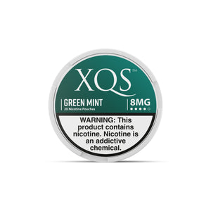 Green Mint Nicotine Pouches by XQS, showing a container of mint-flavored nicotine pouch bags with 8mg strength.