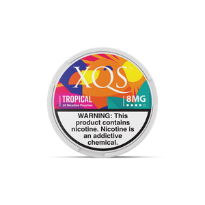 XQS Tropical Nicotine Pouches in colorful packaging with tropical fruit illustrations on a white background.