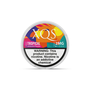 XQS Tropical Nicotine Pouches in 2mg, showing colorful pouches with tropical fruit design on packaging.
