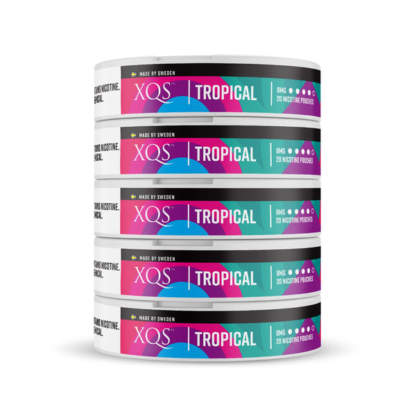 XQS Tropical Nicotine Pouches in a 5-pack, featuring vibrant tropical fruit flavor and discreet pouch design.