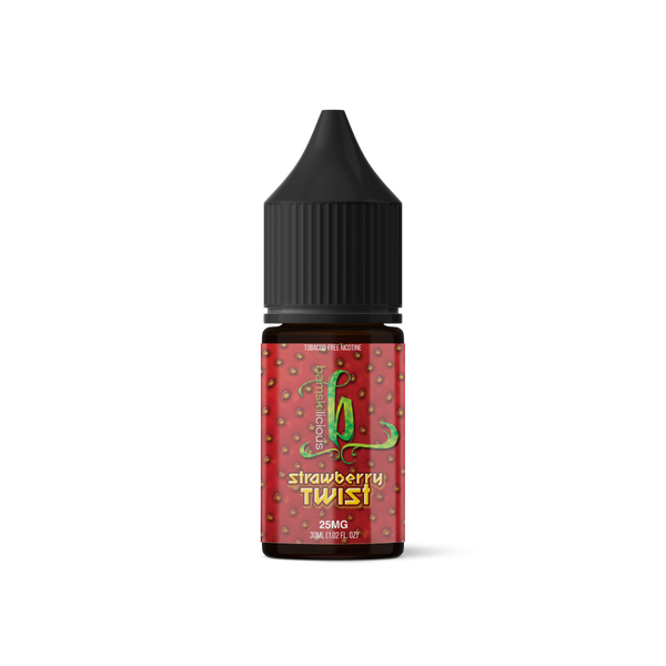 Bamskilicious 30ML strawberry twist e-liquid bottle with vibrant label featuring fresh strawberries and a twist design.