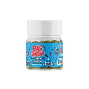 Hemp flower buds labeled Big High 3.5G THCA Flower, with green and orange hues, showcasing fresh, dense hemp cannabis buds.