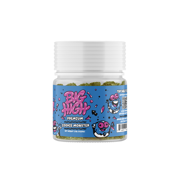 Big High THCA hemp flower in 3.5G package, featuring Cookie Monster strain with dense, vibrant green buds and orange pistils.