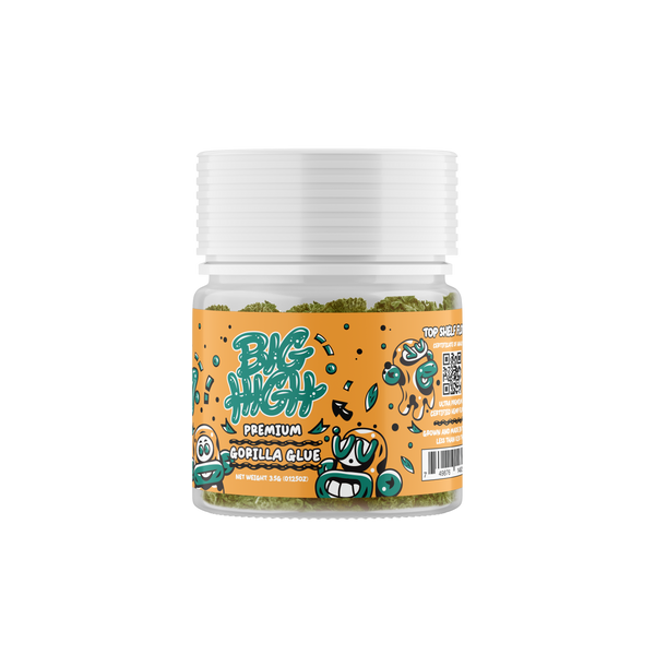 Hemp flower THCA Big High Gorilla Glue 3.5G with dense buds and vibrant green coloration, high-quality cannabis product.
